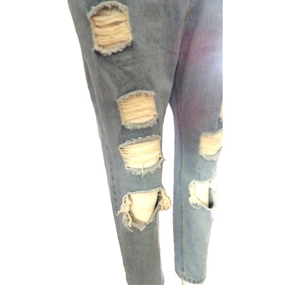 Retro Grunge Denim Bib Overalls Light Wash L Blue Jeans Women's Shredded Faded - Picture 5 of 15